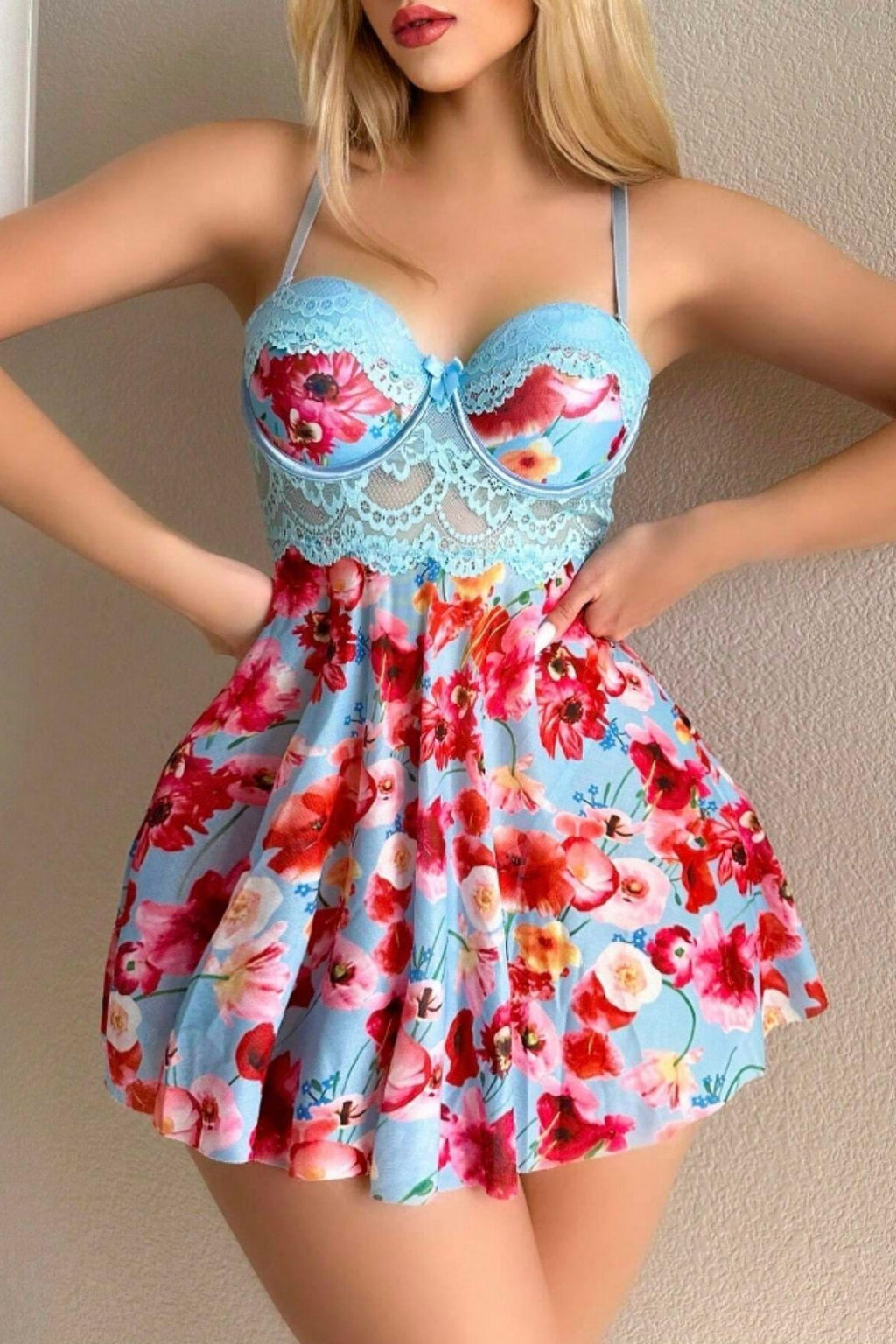 Blue Dream Night Floral Strappy Mini Nightgown -15628