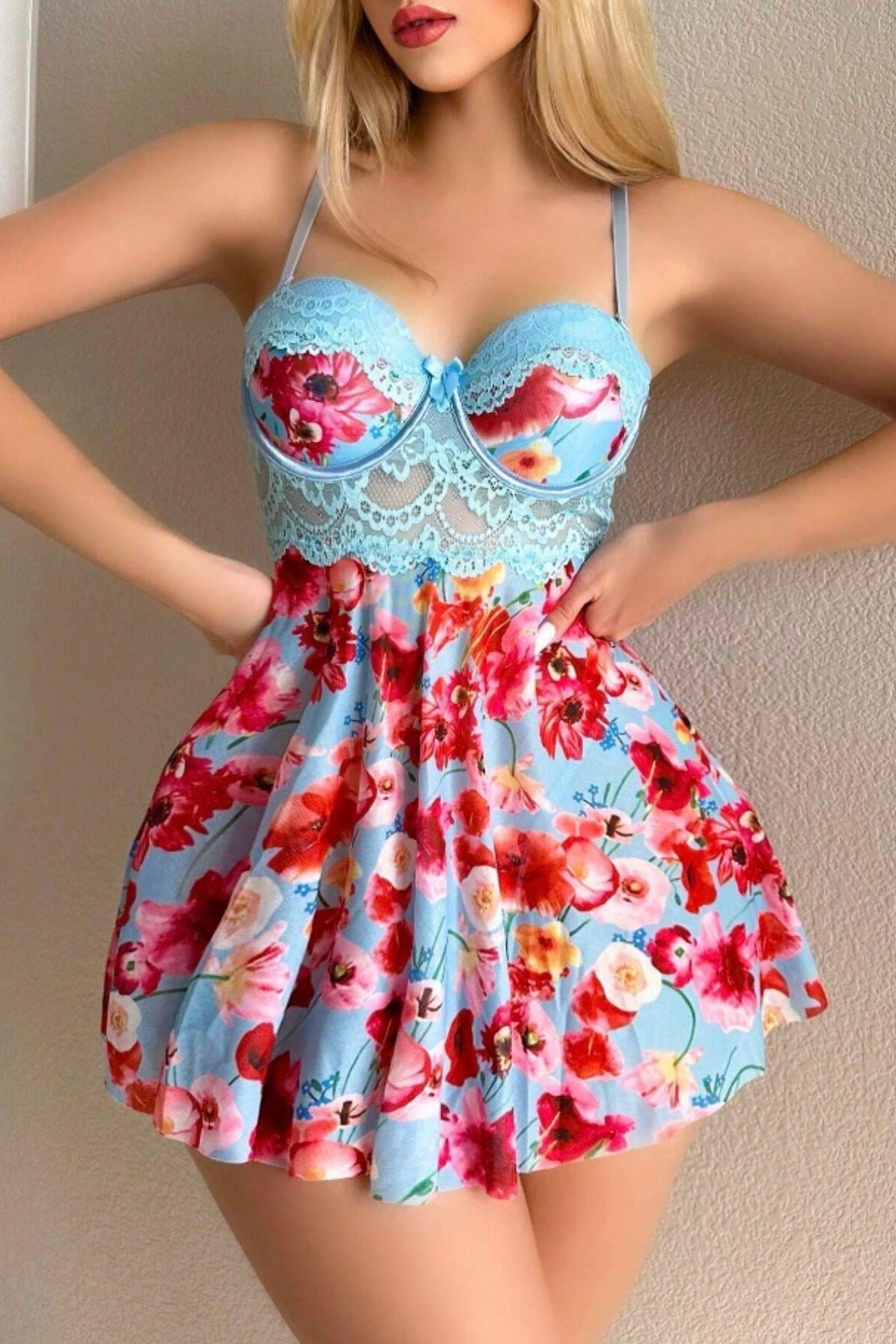 Blue Dream Night Floral Strappy Mini Nightgown -15628