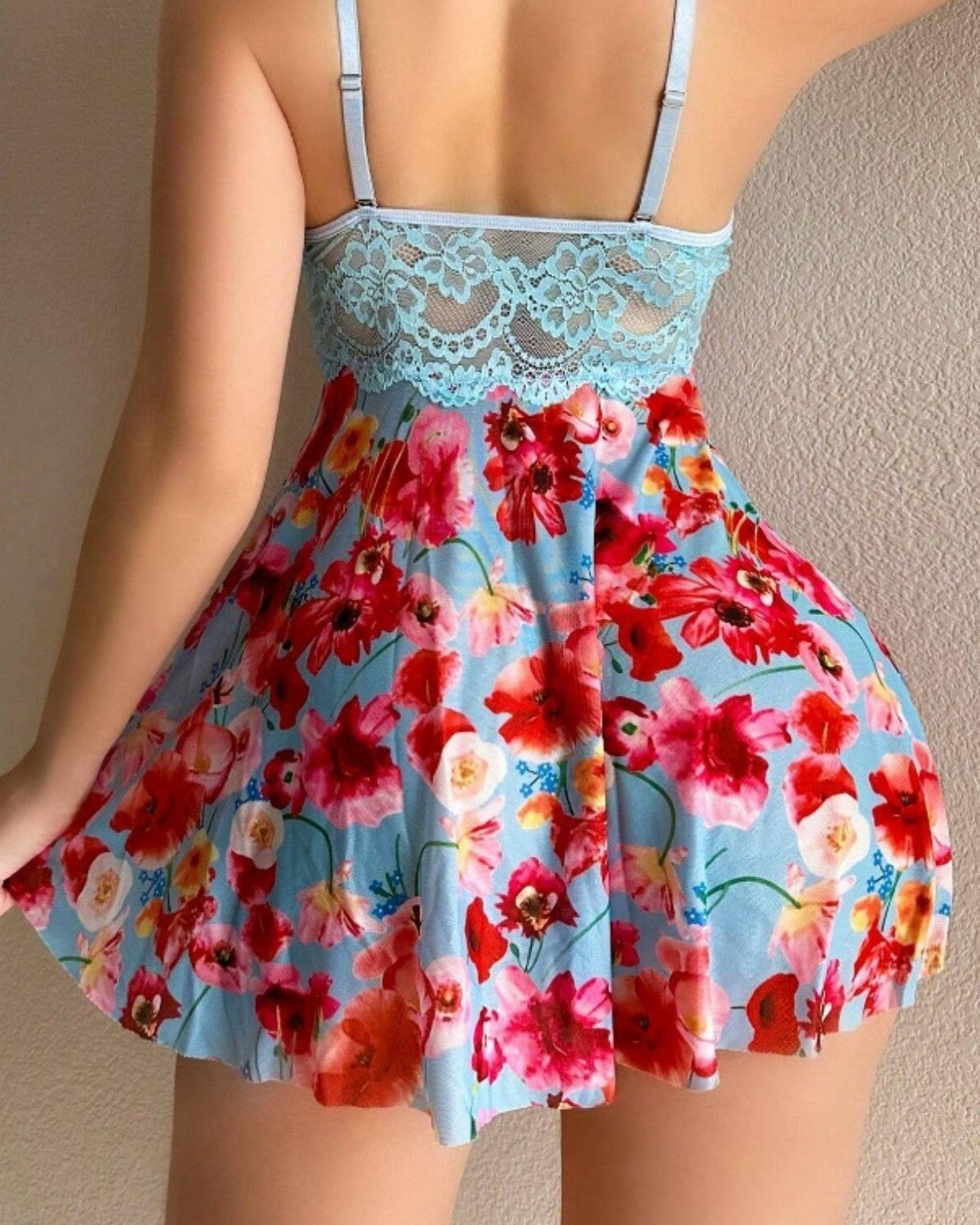 Blue Dream Night Floral Strappy Mini Nightgown -15628