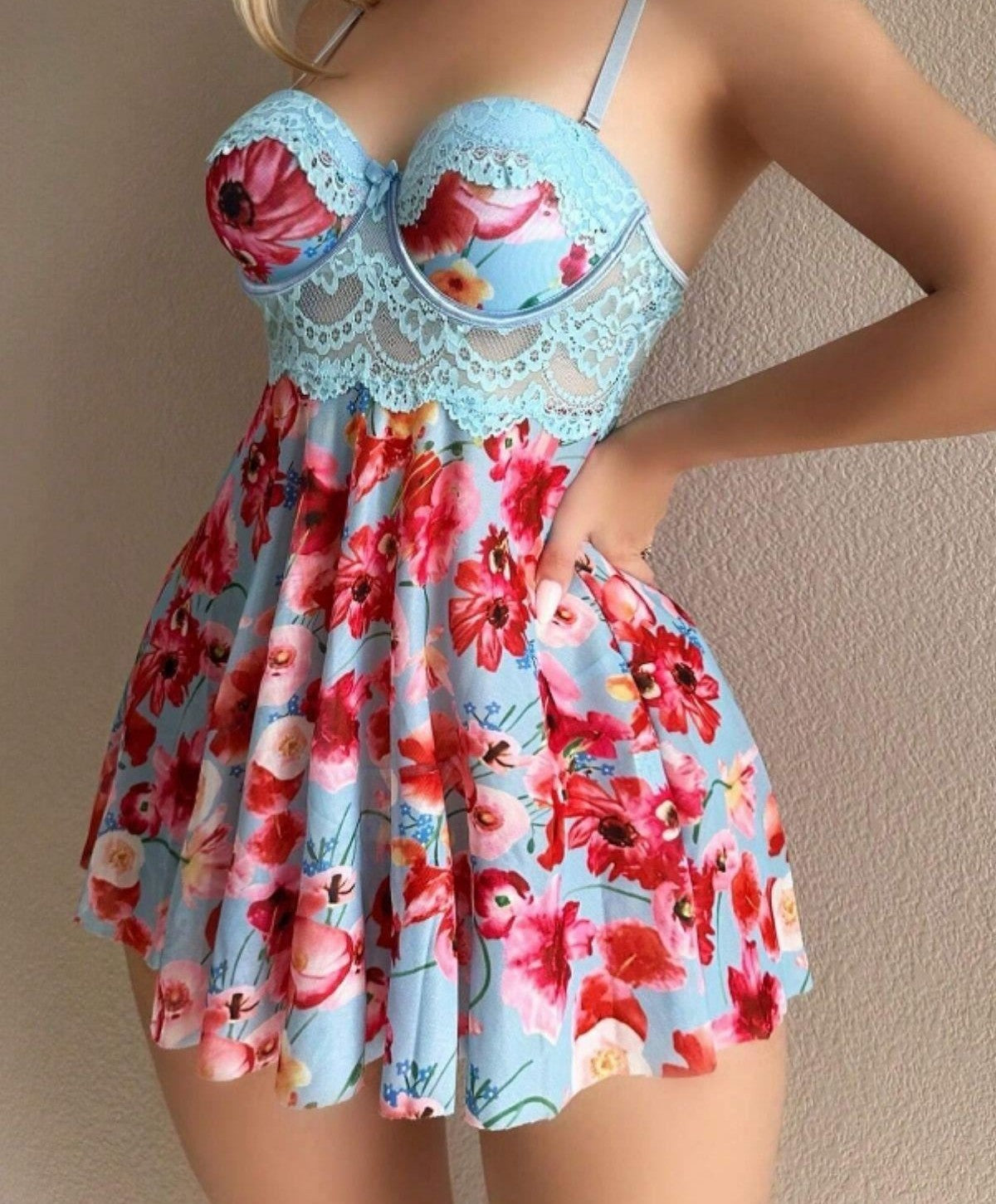 Blue Dream Night Floral Strappy Mini Nightgown -15628