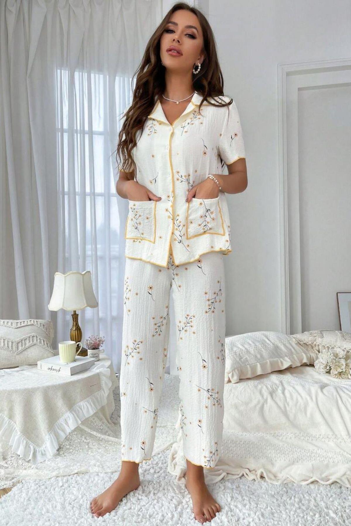 Pyjama-Set mit Gänseblümchenmuster und Taschen -7019