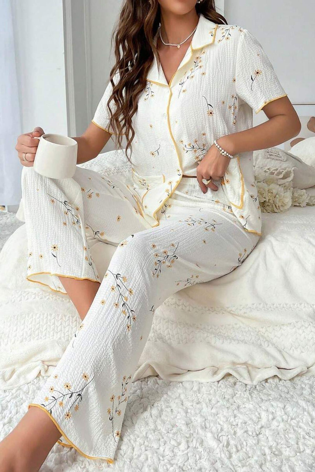 Pyjama-Set mit Gänseblümchenmuster und Taschen -7019
