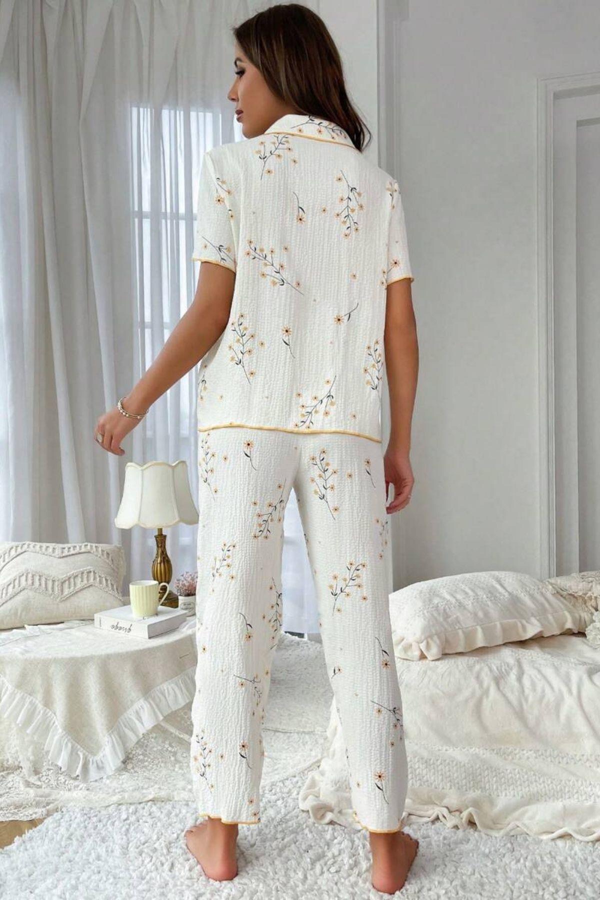 Pyjama-Set mit Gänseblümchenmuster und Taschen -7019