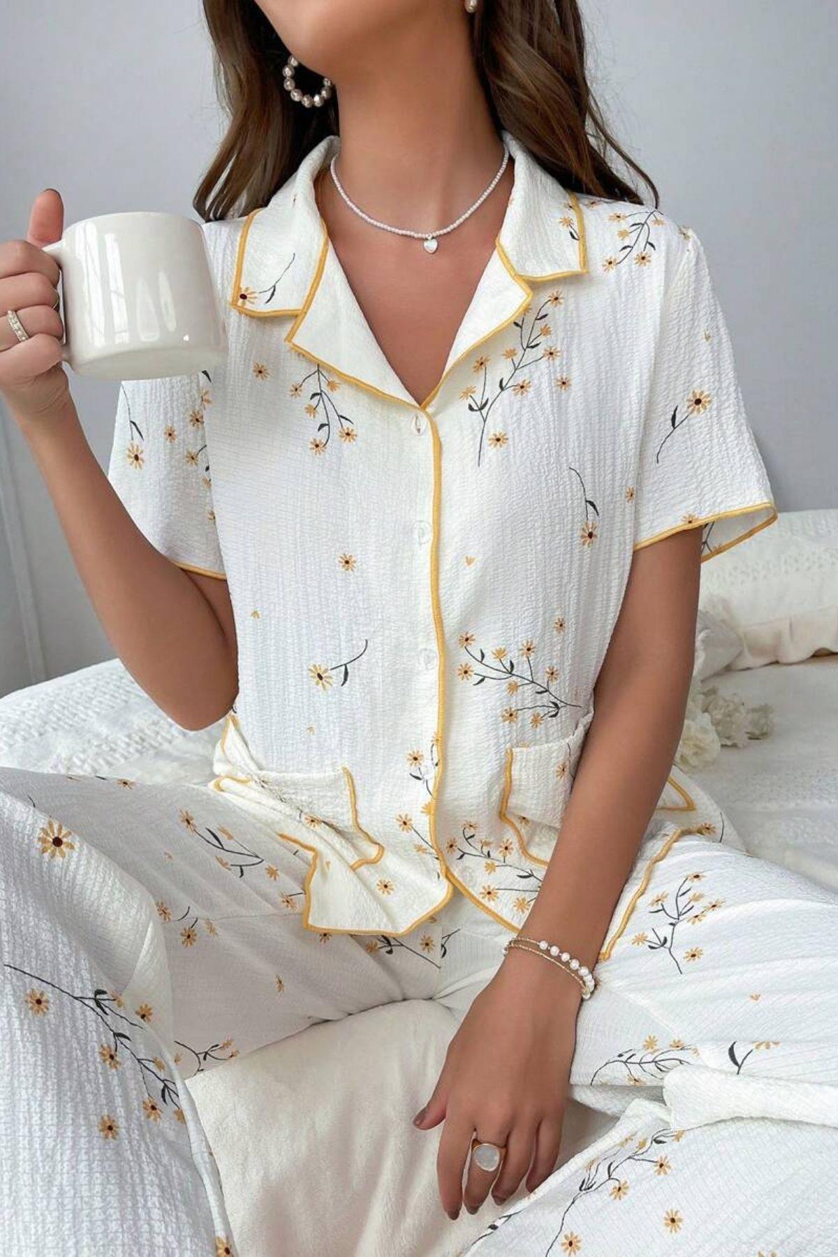 Pyjama-Set mit Gänseblümchenmuster und Taschen -7019