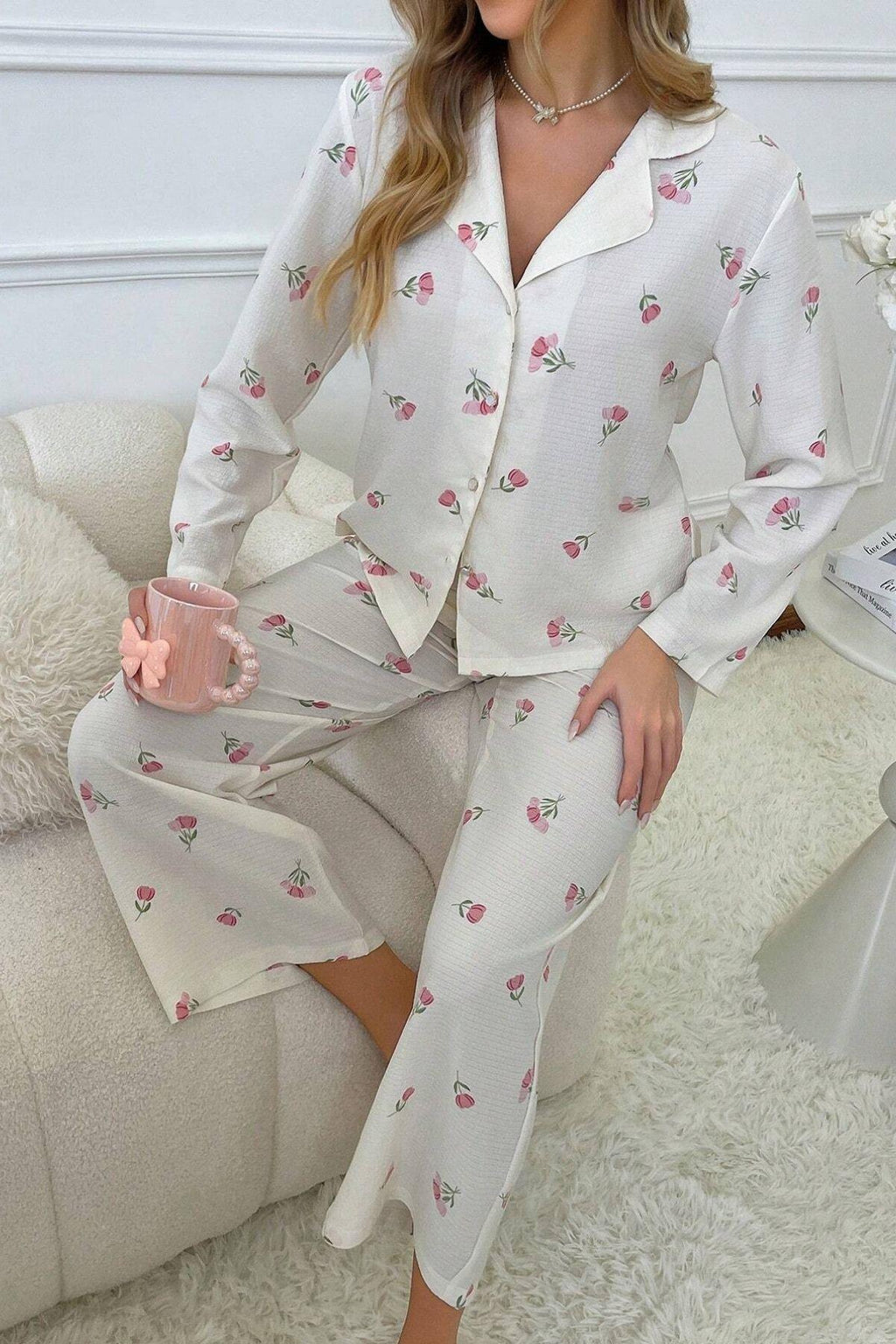 Off-White gemusterter, geknöpfter langer Pyjama 7085