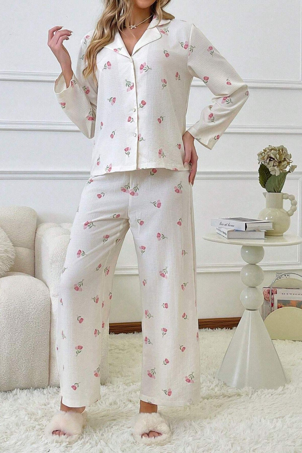 Off-White gemusterter, geknöpfter langer Pyjama 7085