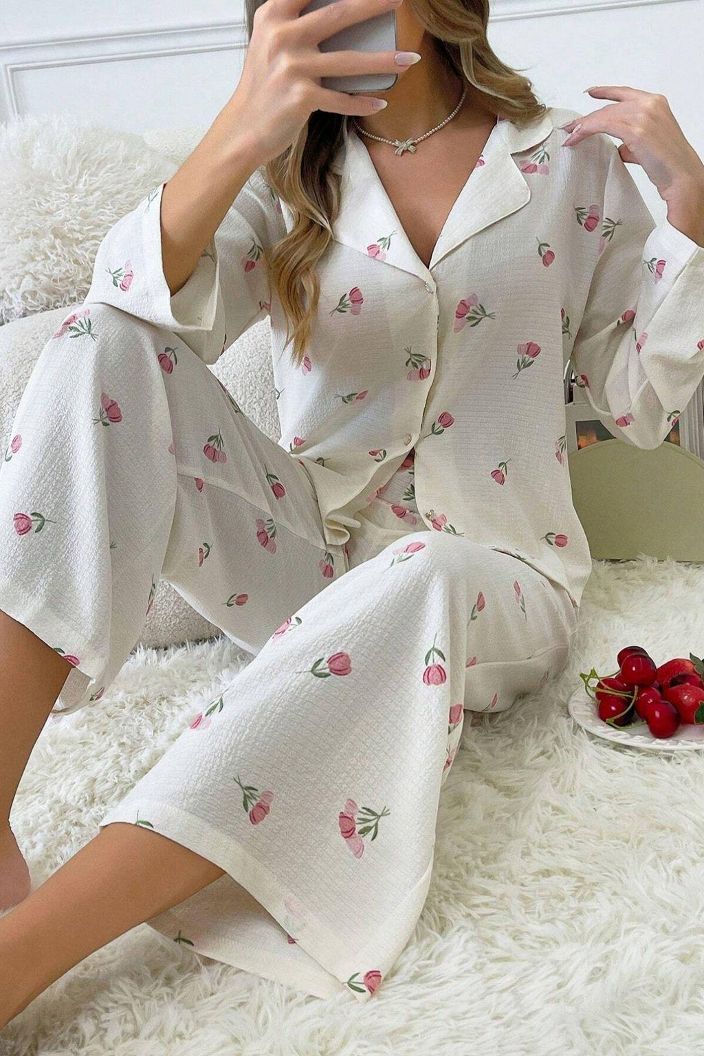 Off-White gemusterter, geknöpfter langer Pyjama 7085