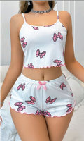 Damen-Pyjama-Set mit weißen, knöchellangen Shorts mit Schmetterlingsmuster – Baumwollrippstoff – Größen S-M/L-XL