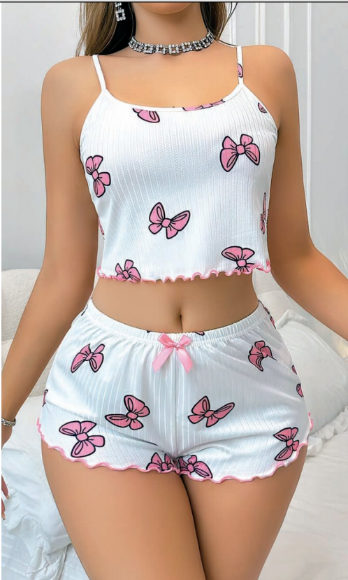 Damen-Pyjama-Set mit weißen, knöchellangen Shorts mit Schmetterlingsmuster – Baumwollrippstoff – Größen S-M/L-XL
