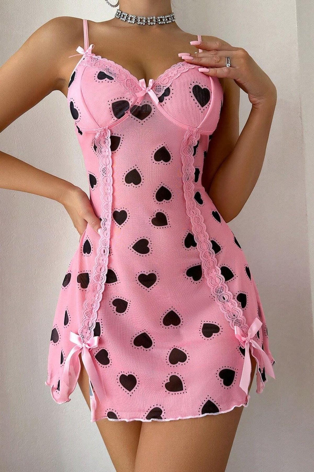 Sexy Babydoll-Nachthemd aus Spitze, Netzunterkleid mit Seitenschlitz und Schleifendetail, Chiffon-Nachthemd-15923