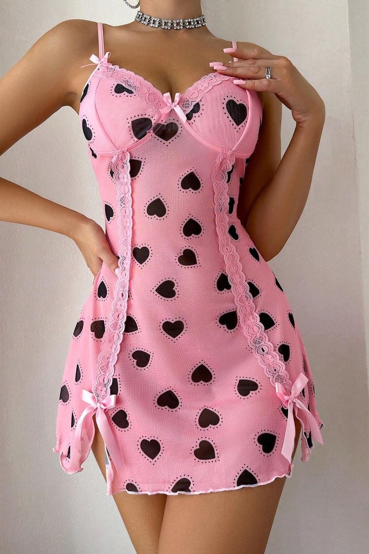 Sexy Babydoll-Nachthemd aus Spitze, Netzunterkleid mit Seitenschlitz und Schleifendetail, Chiffon-Nachthemd-15923