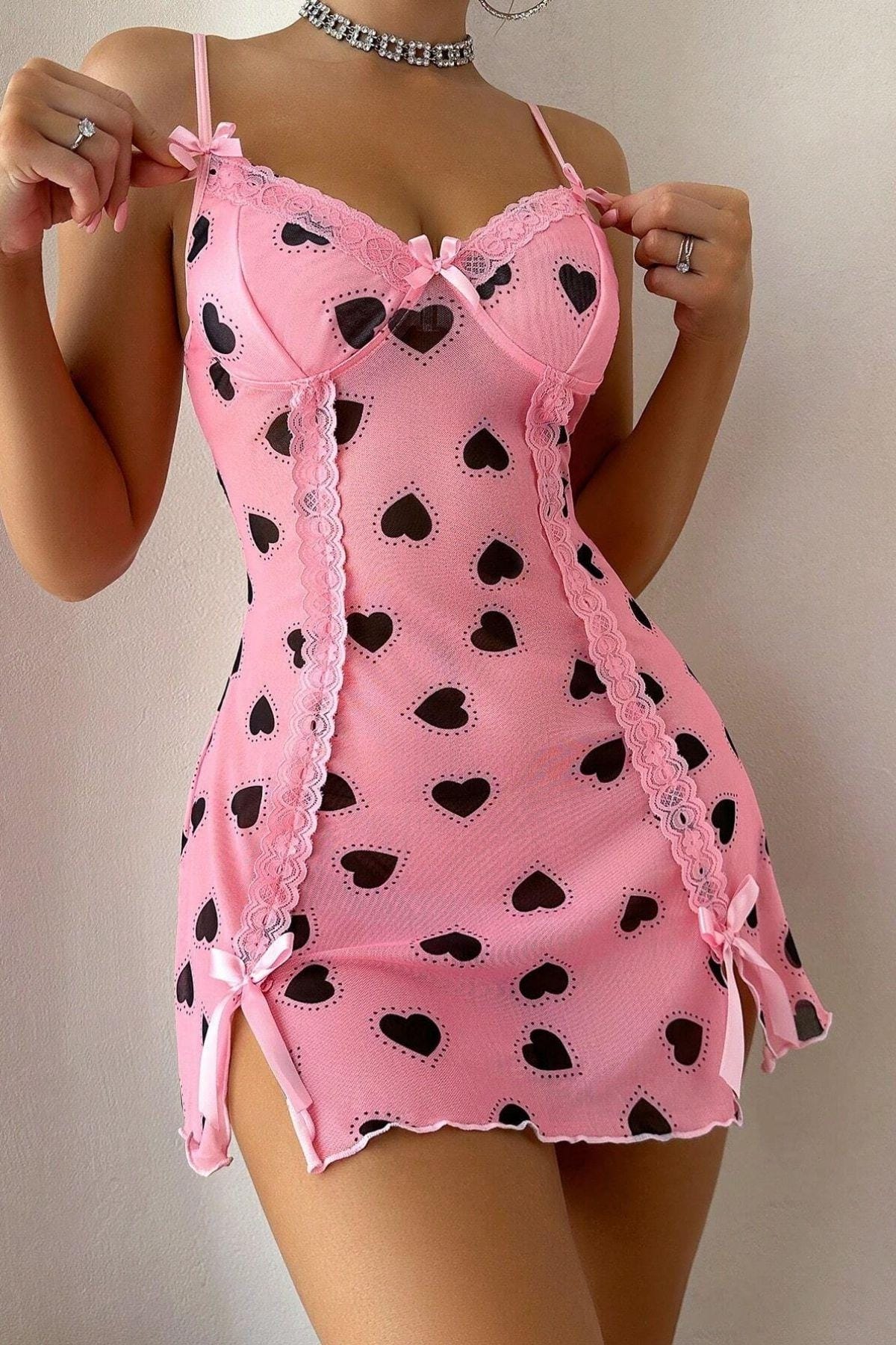Sexy Babydoll-Nachthemd aus Spitze, Netzunterkleid mit Seitenschlitz und Schleifendetail, Chiffon-Nachthemd-15923